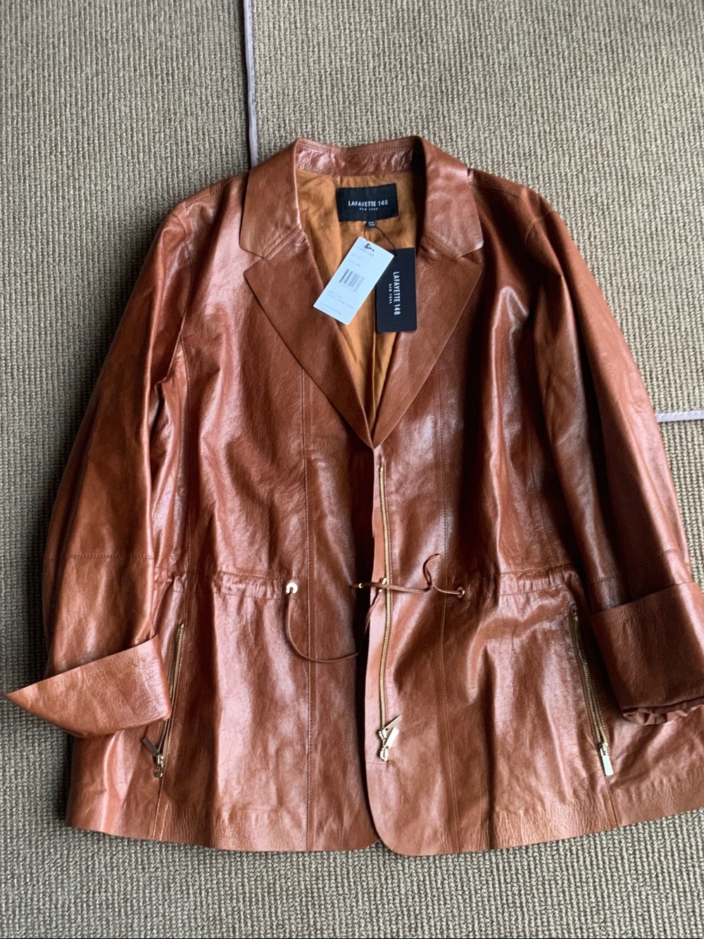 Lafayette 148 New York Cognac Brown Leather Drawstring Jacket